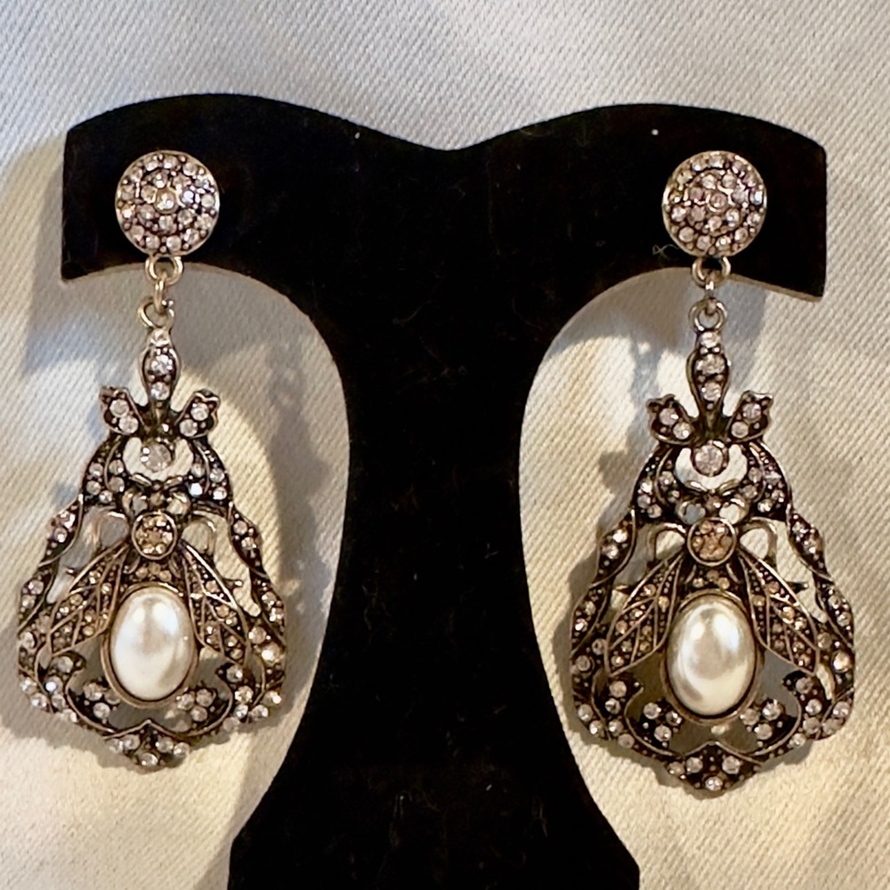 Vintage Statement Bee Silver Faux Pearl Drop Dangle Earrings Victorian